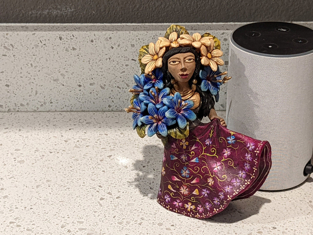Oaxacan Woman Holding Flowers, Mexican Folk Art from Oaxaca, Clay Figurine, Handmade by Juan Jose Aguilar, Collectible Women Statuette