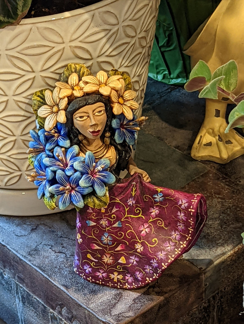 Oaxacan Woman Holding Flowers, Mexican Folk Art from Oaxaca, Clay Figurine, Handmade by Juan Jose Aguilar, Collectible Women Statuette