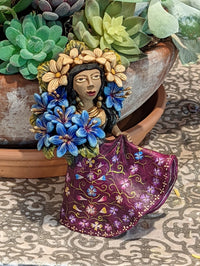 Oaxacan Woman Holding Flowers, Mexican Folk Art from Oaxaca, Clay Figurine, Handmade by Juan Jose Aguilar, Collectible Women Statuette
