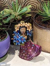 Oaxacan Woman Holding Flowers, Mexican Folk Art from Oaxaca, Clay Figurine, Handmade by Juan Jose Aguilar, Collectible Women Statuette