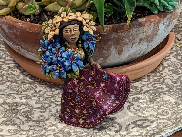 Pre-Order | Oaxacan Woman Holding Flowers, Mexican Folk Art from Oaxaca, Handmade by Juan Jose Aguilar, Collectible Women Clay Figurine