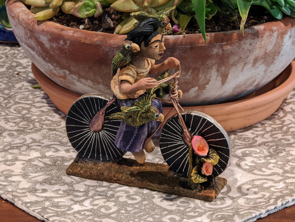 Oaxacan Woman on Bicycle w/ Parrot, Mexican Folk Art from Oaxaca, Clay Figurine, Handmade by Juan Jose Aguilar, Collectible Women Statuette