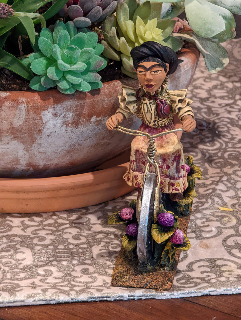 Oaxacan Woman on Bicycle, Mexican Folk Art from Oaxaca, Clay Figurine, Handmade by Juan Jose Aguilar, Collectible Women Statuette