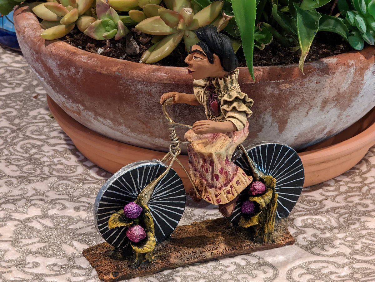 Oaxacan Woman on Bicycle, Mexican Folk Art from Oaxaca, Clay Figurine, Handmade by Juan Jose Aguilar, Collectible Women Statuette
