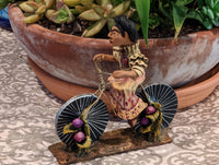 Oaxacan Woman on Bicycle, Mexican Folk Art from Oaxaca, Clay Figurine, Handmade by Juan Jose Aguilar, Collectible Women Statuette