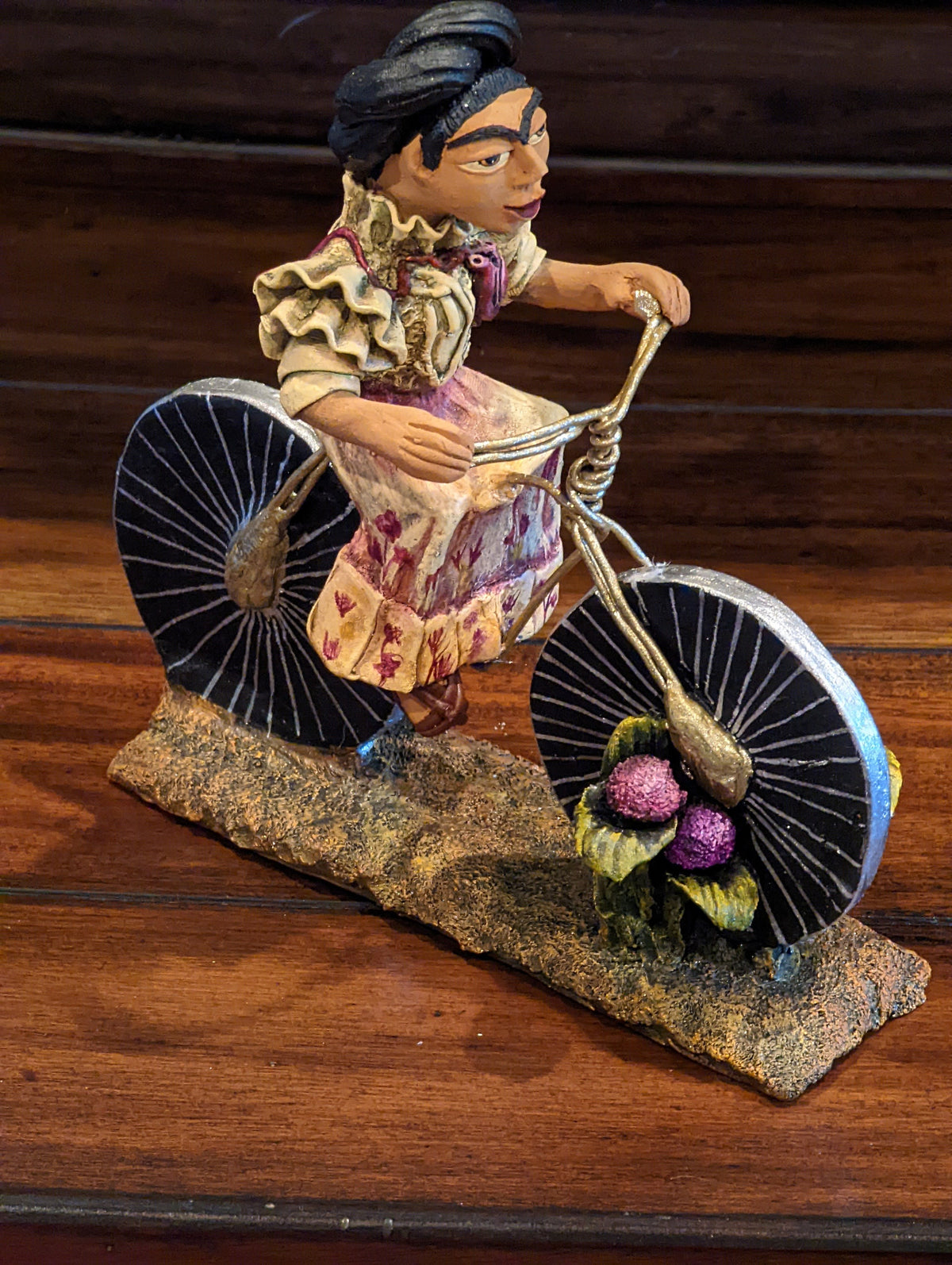 Oaxacan Woman on Bicycle, Mexican Folk Art from Oaxaca, Clay Figurine, Handmade by Juan Jose Aguilar, Collectible Women Statuette