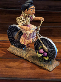 Oaxacan Woman on Bicycle, Mexican Folk Art from Oaxaca, Clay Figurine, Handmade by Juan Jose Aguilar, Collectible Women Statuette