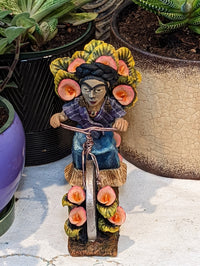 Oaxacan Vendor Woman on Bicycle, Mexican Folk Art from Oaxaca, Clay Figurine, Handmade by Juan Jose Aguilar, Collectible Women Statuette