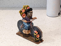 Oaxacan Vendor Woman on Bicycle, Mexican Folk Art from Oaxaca, Clay Figurine, Handmade by Juan Jose Aguilar, Collectible Women Statuette