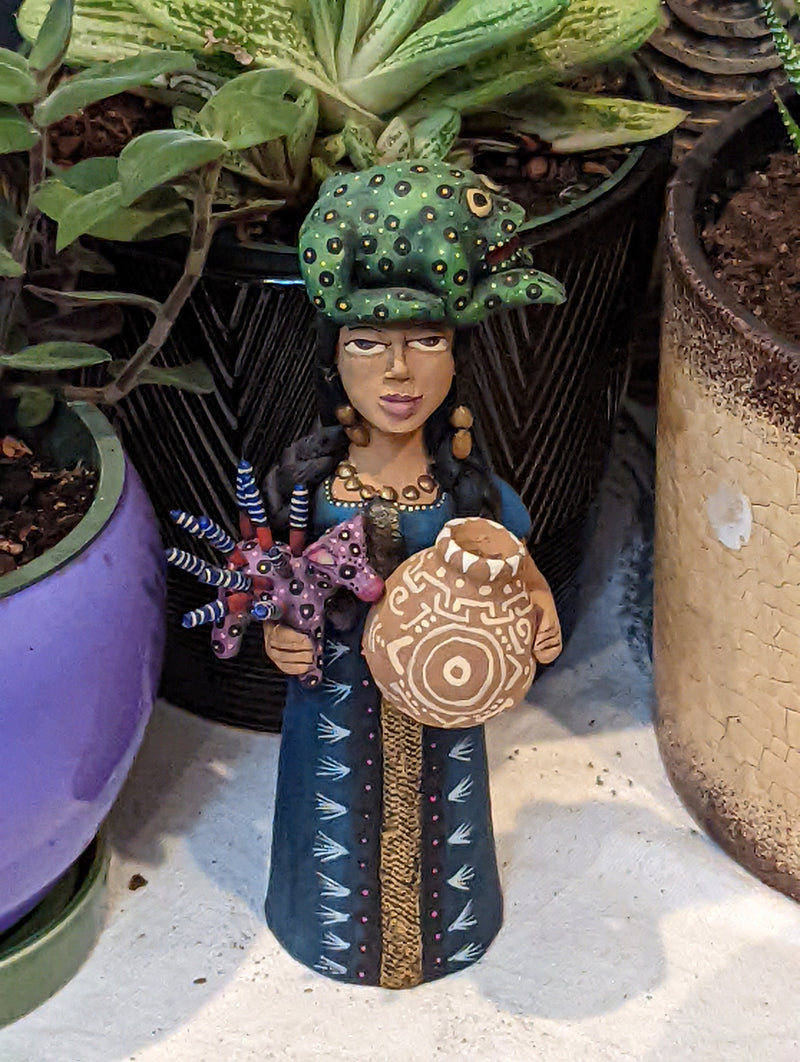 Oaxacan Woman Vendor, Mexican Folk Art from Oaxaca, Clay Figurine, Handmade by Juan Jose Aguilar, Collectible Women Statuette