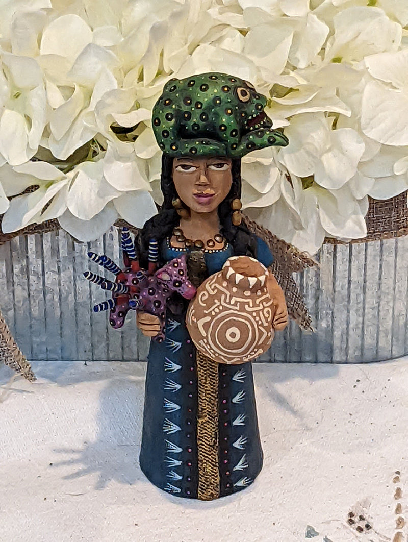 Oaxacan Woman Vendor, Mexican Folk Art from Oaxaca, Clay Figurine, Handmade by Juan Jose Aguilar, Collectible Women Statuette