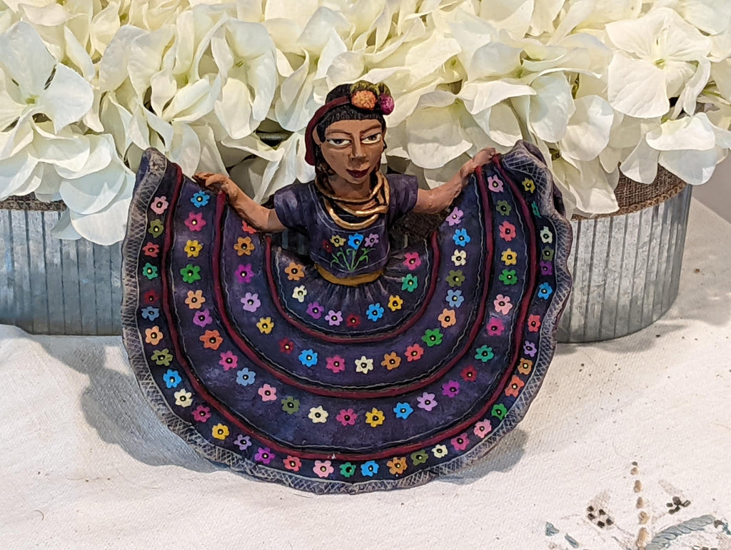 Oaxacan Woman Holding Skirt, Mexican Folk Art from Oaxaca, Clay Figurine, Handmade by Juan Jose Aguilar, Collectible Women Statuette