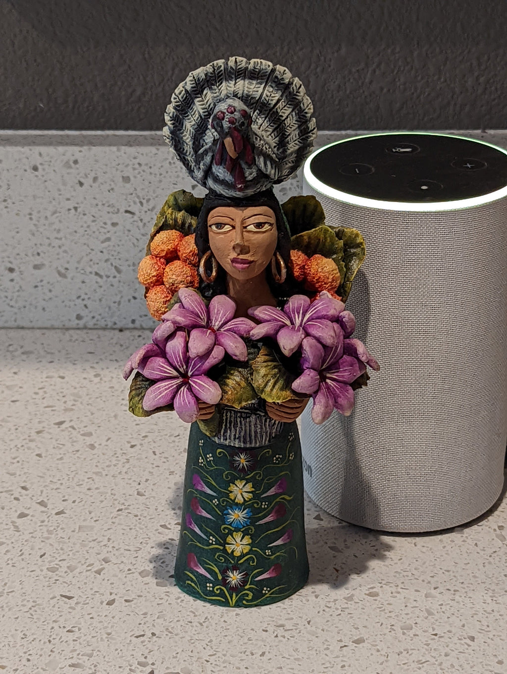 Woman with Turkey Headdress, Clay Woman Figurine, Woman Statue, Mexican Folk Art, Oaxacan Art, Handmade Original Collectible