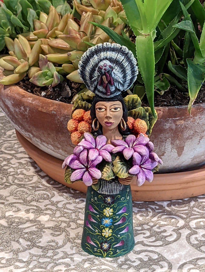 Woman with Turkey Headdress, Clay Woman Figurine, Woman Statue, Mexican Folk Art, Oaxacan Art, Handmade Original Collectible