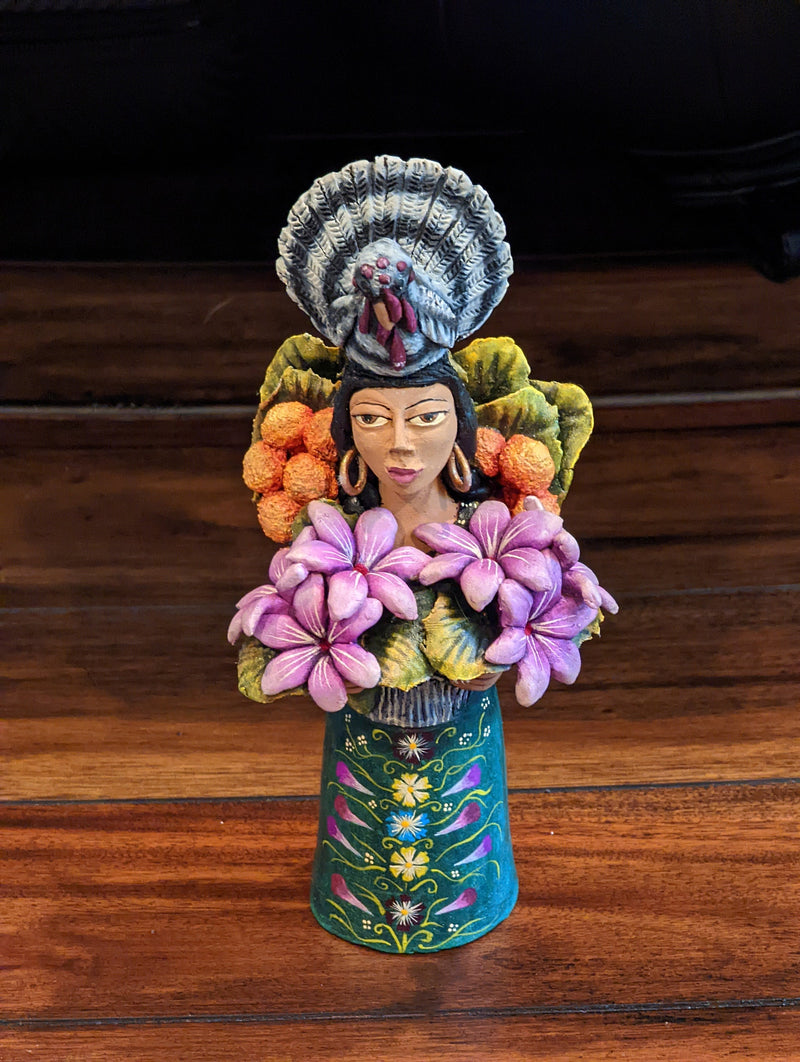 Woman with Turkey Headdress, Clay Woman Figurine, Woman Statue, Mexican Folk Art, Oaxacan Art, Handmade Original Collectible