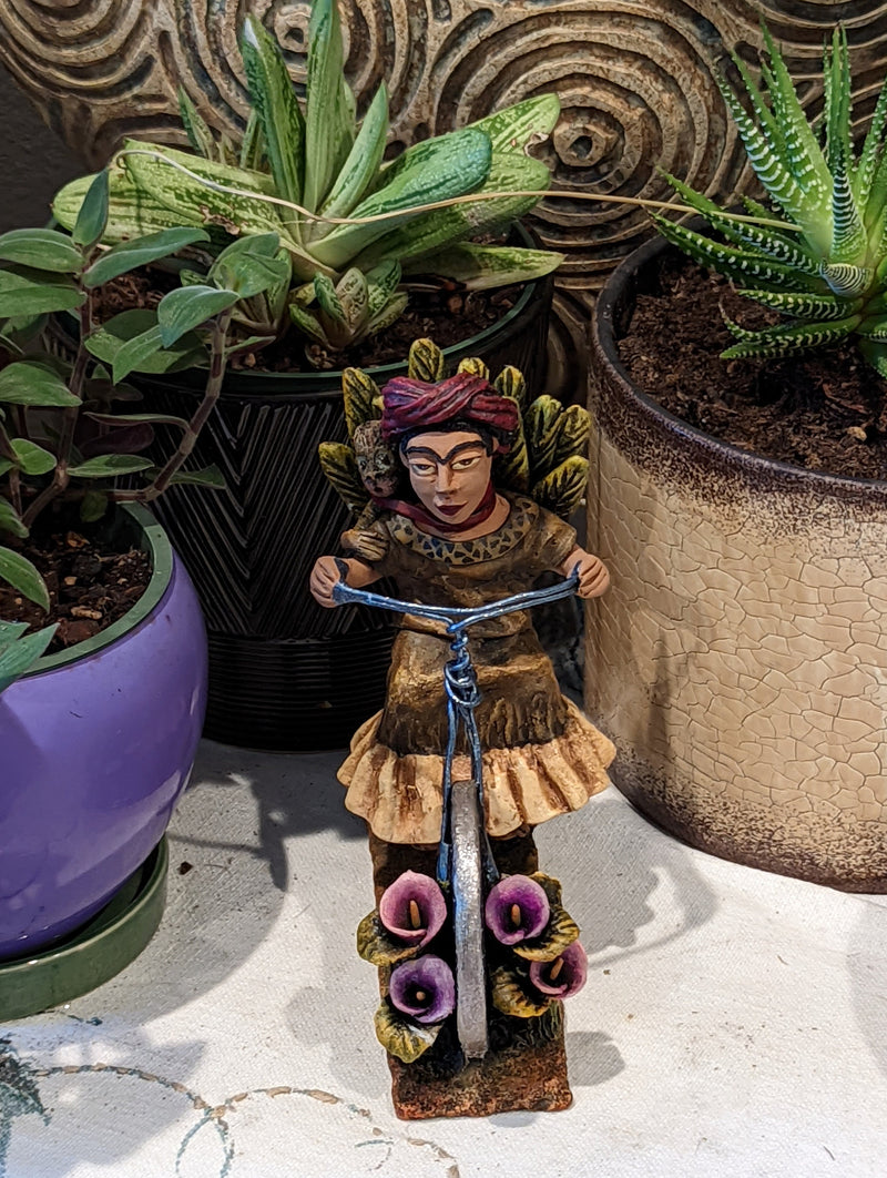 Oaxacan Vendor Woman on Bicycle, Mexican Folk Art from Oaxaca, Clay Figurine, Handmade by Juan Jose Aguilar, Collectible Women Statuette