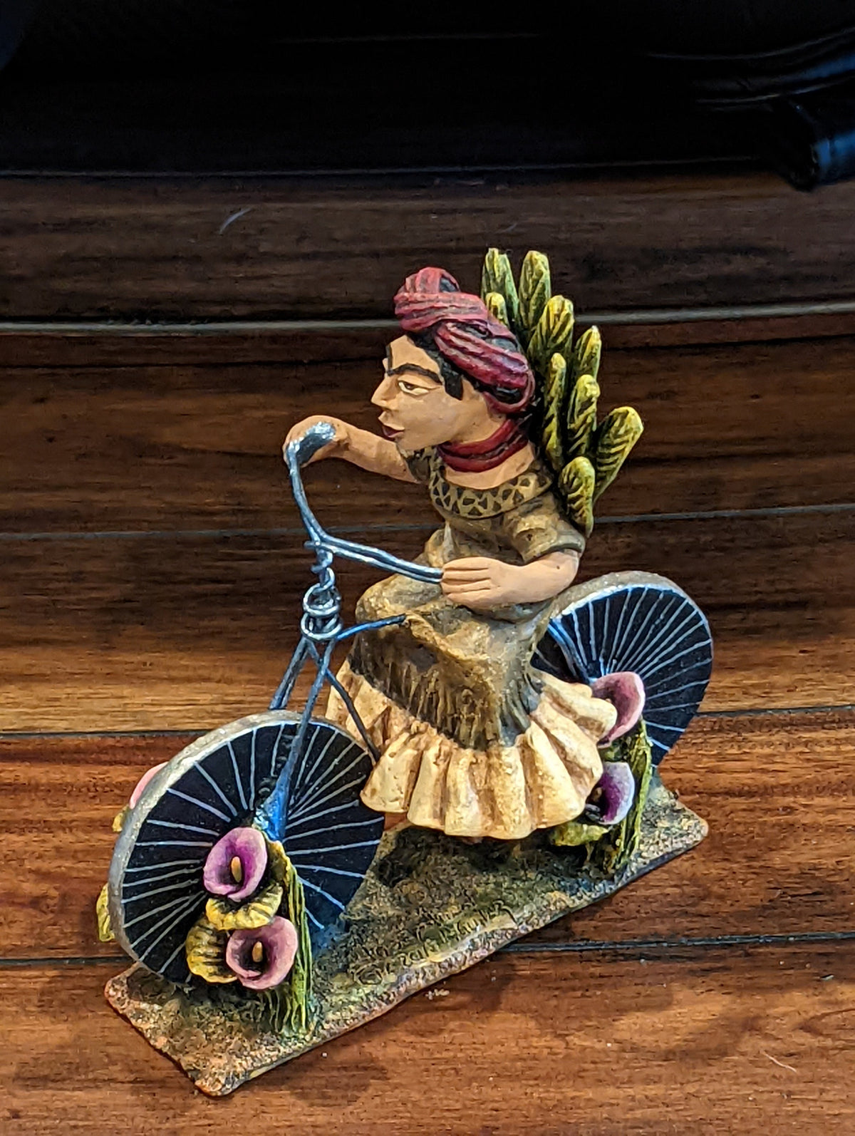 Oaxacan Vendor Woman on Bicycle, Mexican Folk Art from Oaxaca, Clay Figurine, Handmade by Juan Jose Aguilar, Collectible Women Statuette