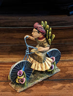 Oaxacan Vendor Woman on Bicycle, Mexican Folk Art from Oaxaca, Clay Figurine, Handmade by Juan Jose Aguilar, Collectible Women Statuette