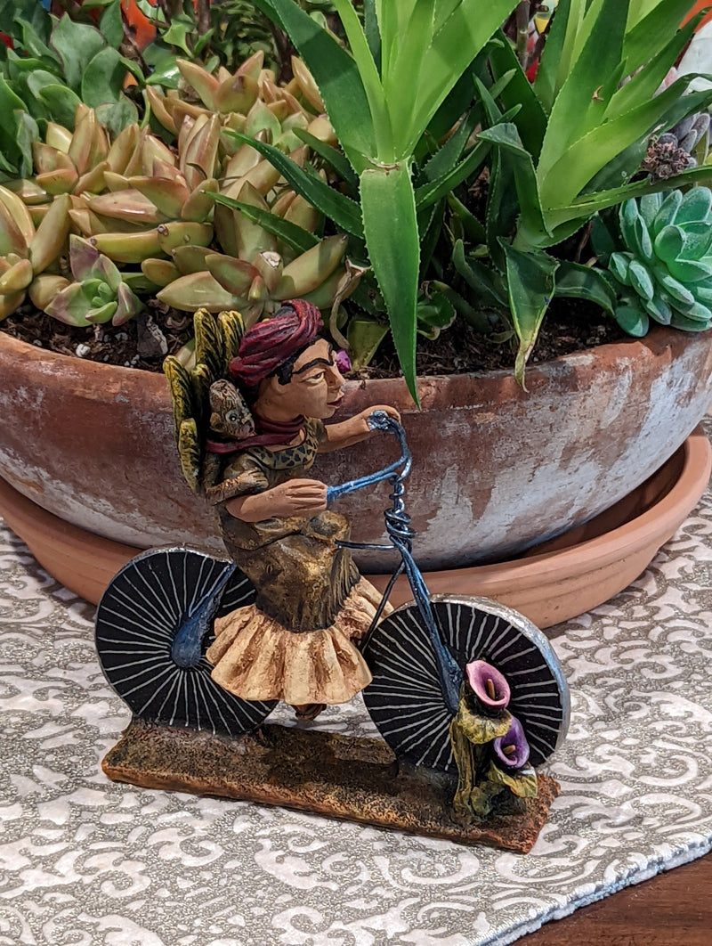 Oaxacan Vendor Woman on Bicycle, Mexican Folk Art from Oaxaca, Clay Figurine, Handmade by Juan Jose Aguilar, Collectible Women Statuette