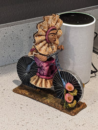 Oaxacan Vendor Woman on Bicycle, Mexican Folk Art from Oaxaca, Clay Figurine, Handmade by Juan Jose Aguilar, Collectible Women Statuette
