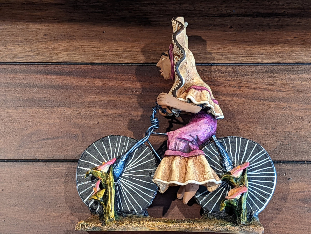 Oaxacan Vendor Woman on Bicycle, Mexican Folk Art from Oaxaca, Clay Figurine, Handmade by Juan Jose Aguilar, Collectible Women Statuette