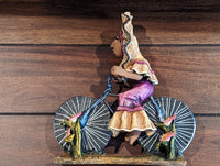 Oaxacan Vendor Woman on Bicycle, Mexican Folk Art from Oaxaca, Clay Figurine, Handmade by Juan Jose Aguilar, Collectible Women Statuette