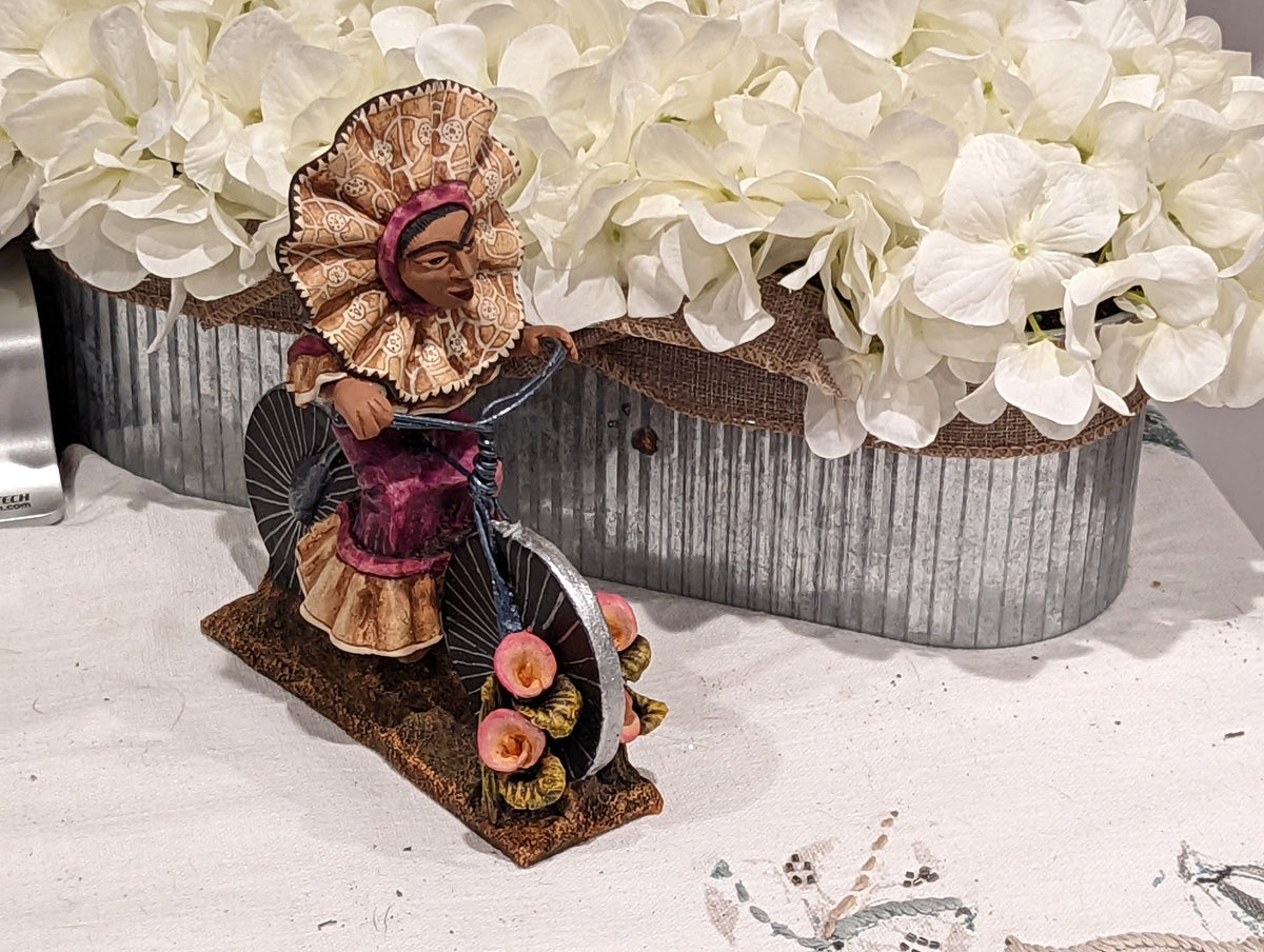 Oaxacan Vendor Woman on Bicycle, Mexican Folk Art from Oaxaca, Clay Figurine, Handmade by Juan Jose Aguilar, Collectible Women Statuette