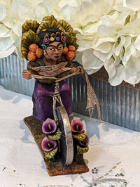 Oaxacan Vendor Woman on Bicycle, Mexican Folk Art from Oaxaca, Clay Figurine, Handmade by Juan Jose Aguilar, Collectible Women Statuette