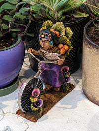 Oaxacan Vendor Woman on Bicycle, Mexican Folk Art from Oaxaca, Clay Figurine, Handmade by Juan Jose Aguilar, Collectible Women Statuette