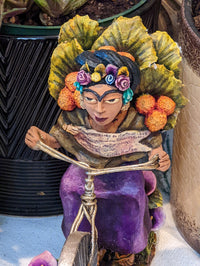 Oaxacan Vendor Woman on Bicycle, Mexican Folk Art from Oaxaca, Clay Figurine, Handmade by Juan Jose Aguilar, Collectible Women Statuette