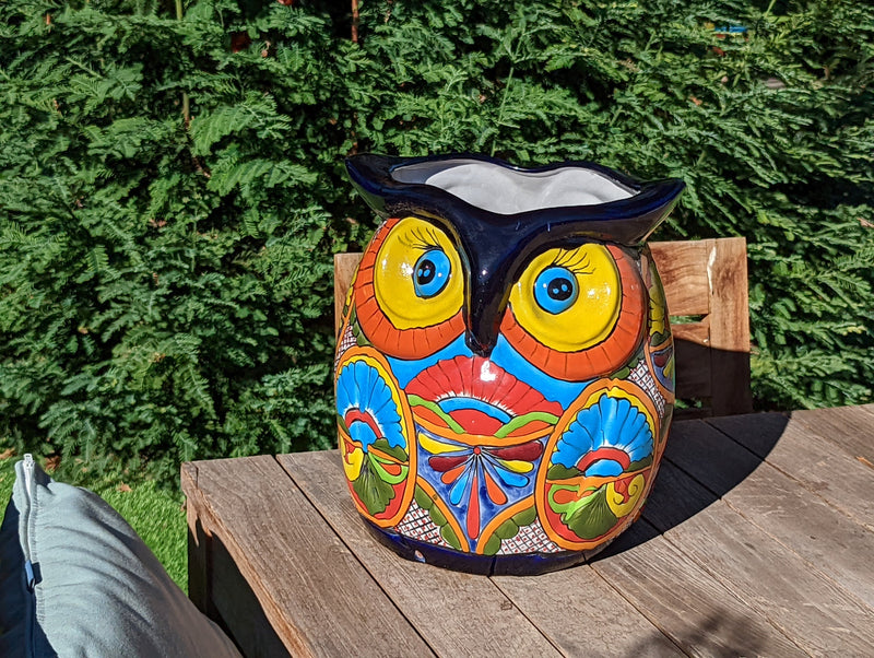 Gorgeous 14" Owl Flower Pot, Talavera Ceramic Planter, Handmade Pottery, Outdoor Garden Decor, Indoor Home Decor, Unique Gift for Birders