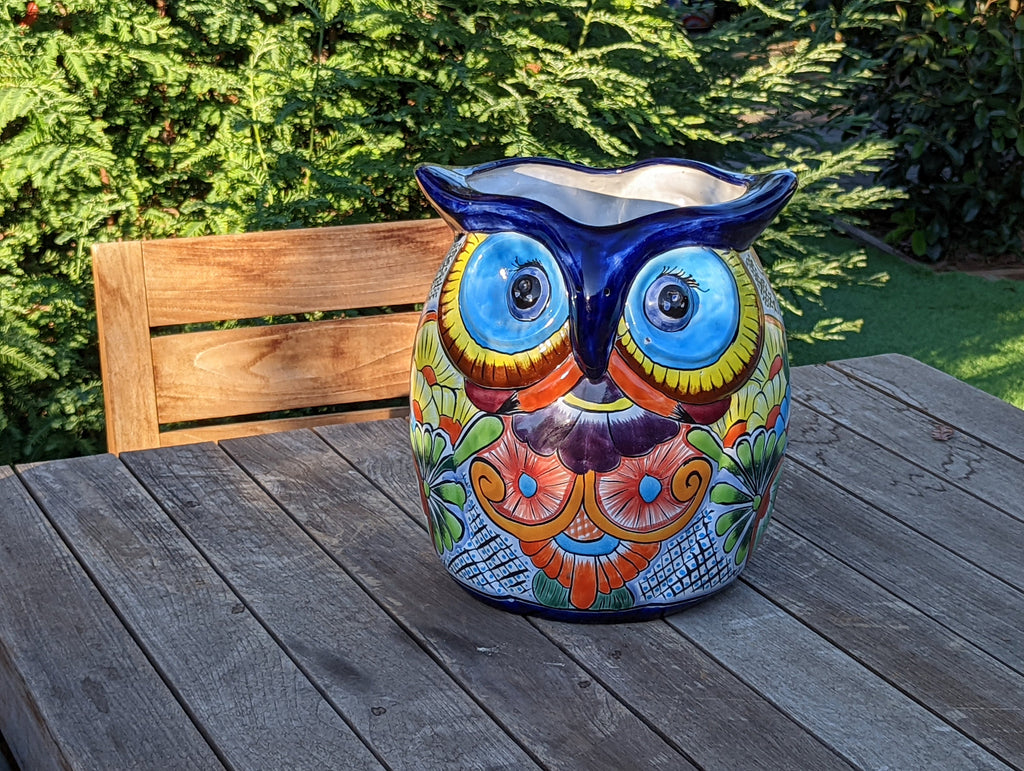 Gorgeous 14" Owl Flower Pot, Talavera Ceramic Planter, Handmade Pottery, Outdoor Garden Decor, Indoor Home Decor, Unique Gift for Birders