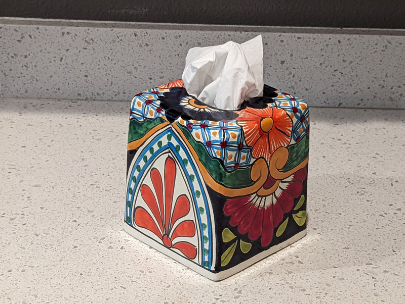 Tissue Holder, Blue & White Tissue Cover, Square Tissue Box Holder, Ceramic Talavera Pottery, Handmade in Mexico, 6" Tall