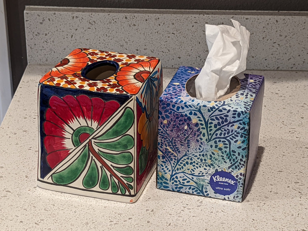 Tissue Holder, Blue & White Tissue Cover, Square Tissue Box Holder, Ceramic Talavera Pottery, Handmade in Mexico, 6" Tall