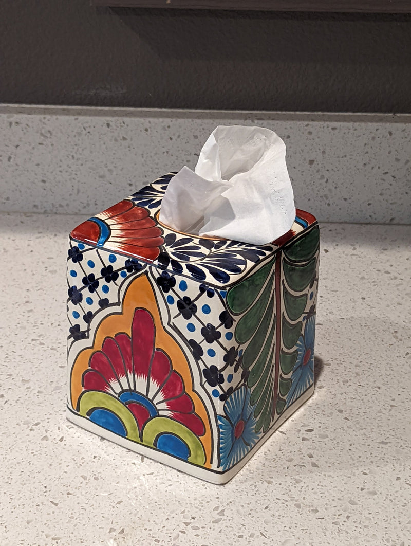 Tissue Holder, Blue & White Tissue Cover, Square Tissue Box Holder, Ceramic Talavera Pottery, Handmade in Mexico, 6" Tall