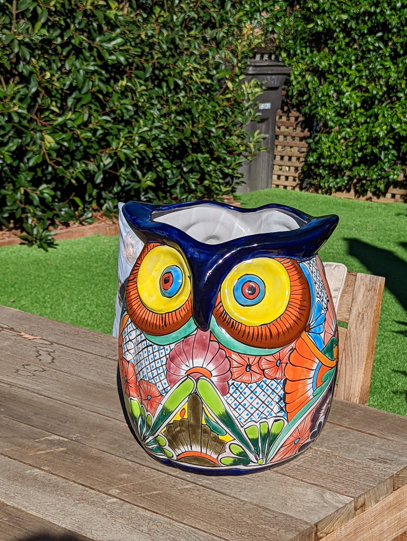 Gorgeous 14" Owl Flower Pot, Talavera Ceramic Planter, Handmade Pottery, Outdoor Garden Decor, Indoor Home Decor, Unique Gift for Birders