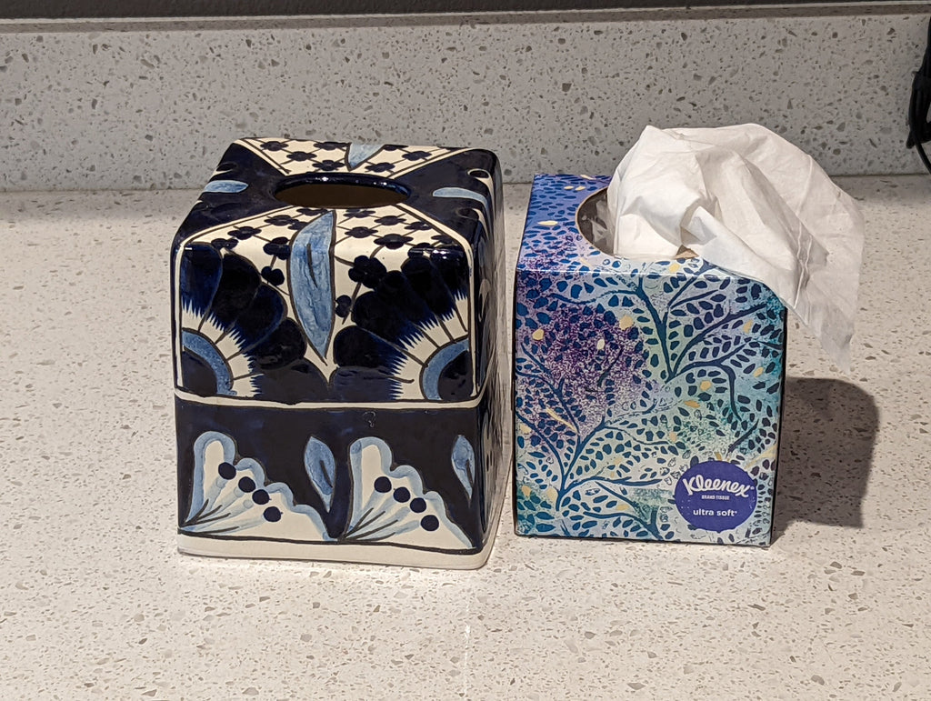 Tissue Holder, Blue & White Tissue Cover, Square Tissue Box Holder, Ceramic Talavera Pottery, Handmade in Mexico, 6" Tall