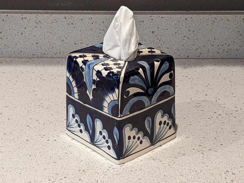 Tissue Holder, Blue & White Tissue Cover, Square Tissue Box Holder, Ceramic Talavera Pottery, Handmade in Mexico, 6" Tall