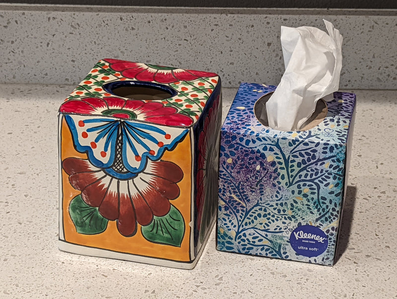 Tissue Holder, Blue & White Tissue Cover, Square Tissue Box Holder, Ceramic Talavera Pottery, Handmade in Mexico, 6" Tall