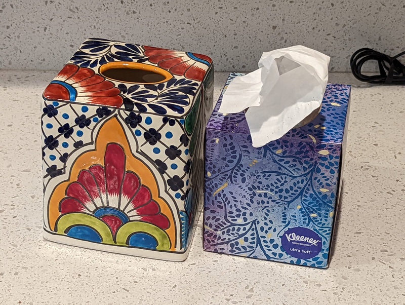 Tissue Holder, Blue & White Tissue Cover, Square Tissue Box Holder, Ceramic Talavera Pottery, Handmade in Mexico, 6" Tall