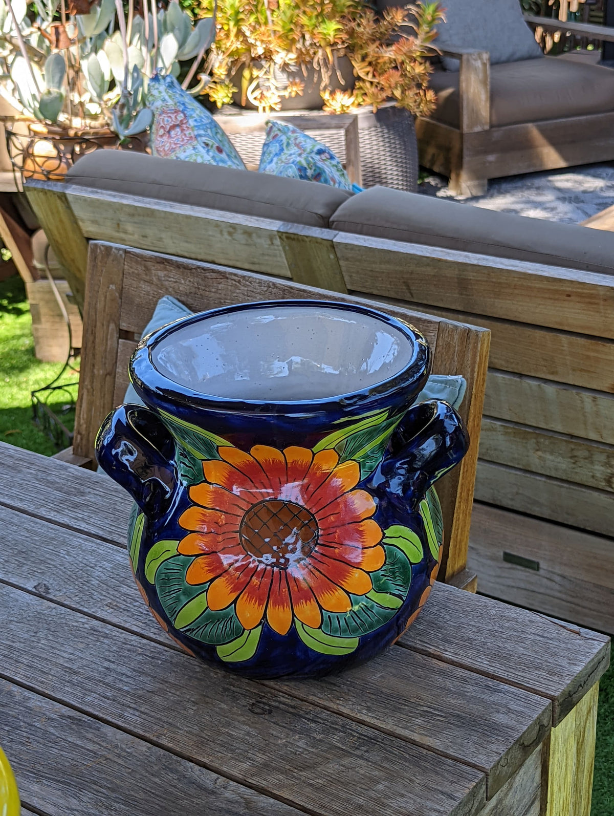 Pre-Order | Sunflower Planter is Handmade Ceramic Talavera Pottery & 10.5" Round Flower Pot for Bold Outdoor Garden Decor | Ships 3-25