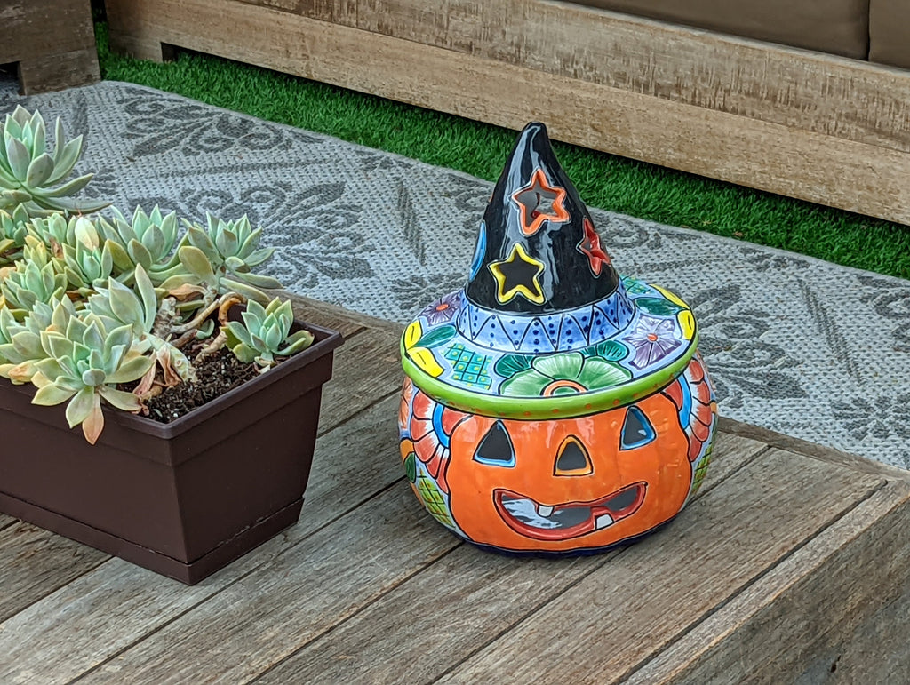 Pumpkin Halloween Decor, Indoor Halloween Party Decor or Outdoor Fall Garden Decor for Trick or Treat, Handmade Mexican Talavera Pottery