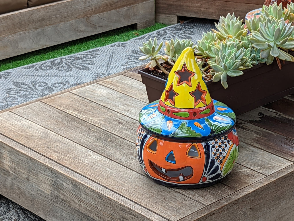 Pumpkin Halloween Decor, Indoor Halloween Party Decor or Outdoor Fall Garden Decor for Trick or Treat, Handmade Mexican Talavera Pottery