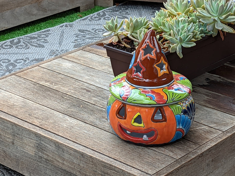 Pumpkin Halloween Decor, Indoor Halloween Party Decor or Outdoor Fall Garden Decor for Trick or Treat, Handmade Mexican Talavera Pottery