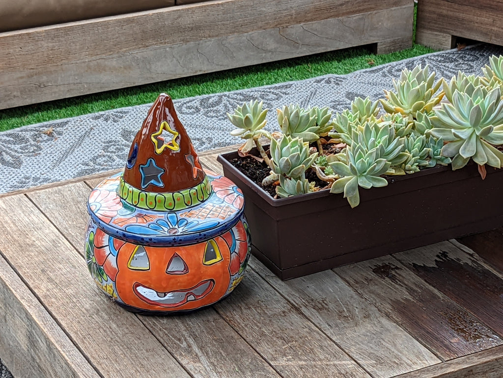 Pumpkin Halloween Decor, Indoor Halloween Party Decor or Outdoor Fall Garden Decor for Trick or Treat, Handmade Mexican Talavera Pottery