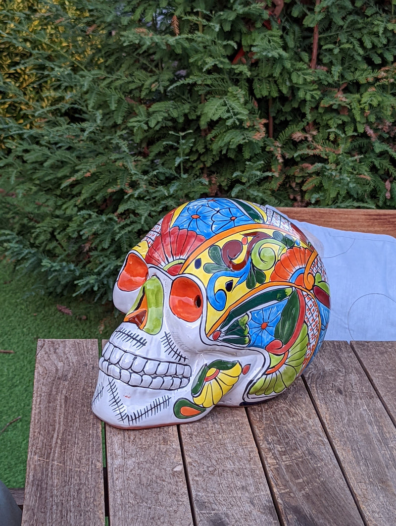 Halloween Decor, Ceramic Skull Art, Talavera Pottery, Porch or Party or Table Decor for Halloween, Day of the Dead, Largest Size 12" Tall