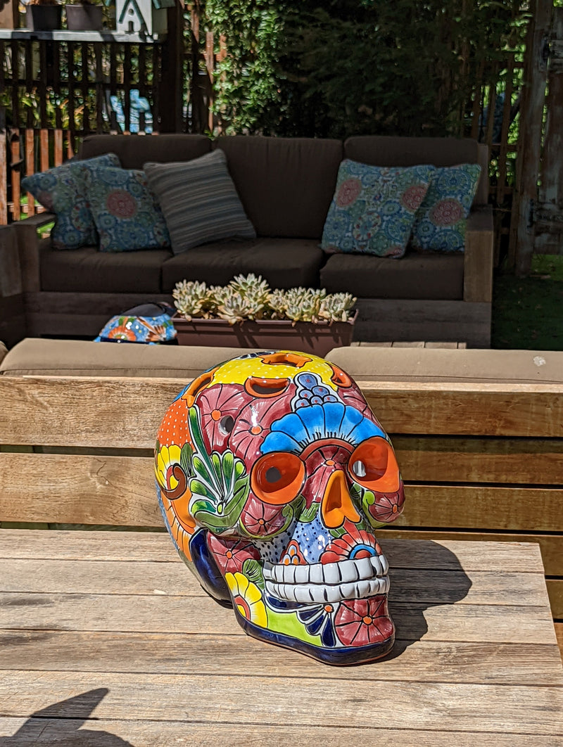 Halloween Decor, Ceramic Skull Art, Talavera Pottery, Porch or Party or Table Decor for Halloween, Day of the Dead, Largest Size 12" Tall