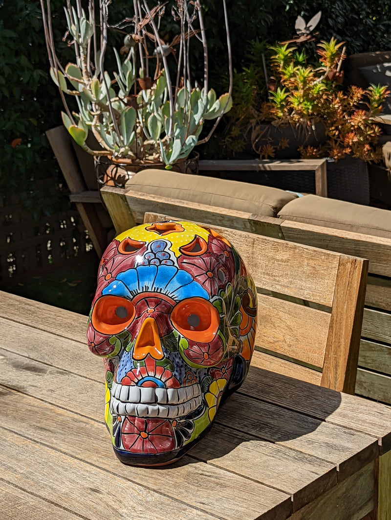 Halloween Decor, Ceramic Skull Art, Talavera Pottery, Porch or Party or Table Decor for Halloween, Day of the Dead, Largest Size 12" Tall