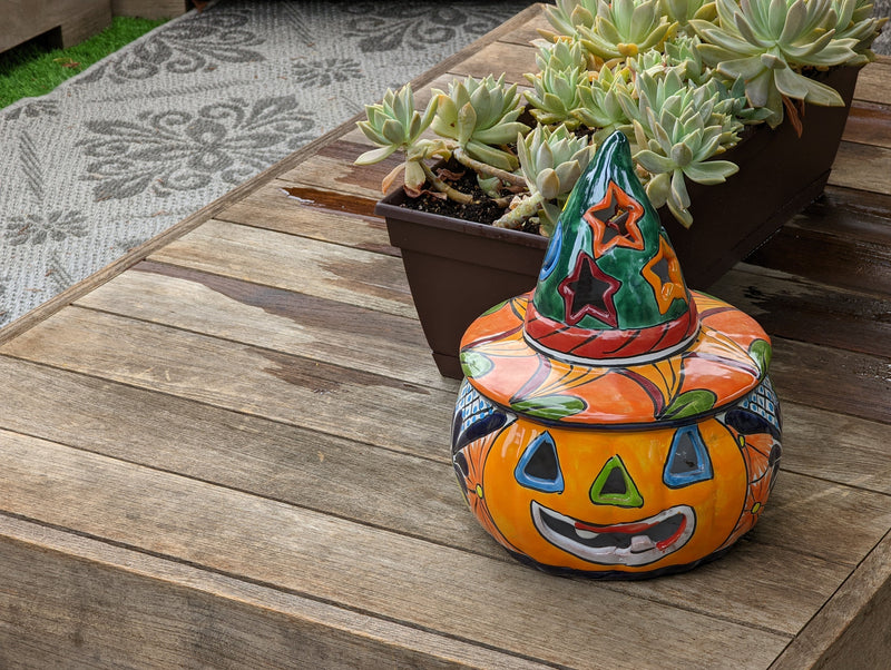 Pumpkin Halloween Decor, Indoor Halloween Party Decor or Outdoor Fall Garden Decor for Trick or Treat, Handmade Mexican Talavera Pottery