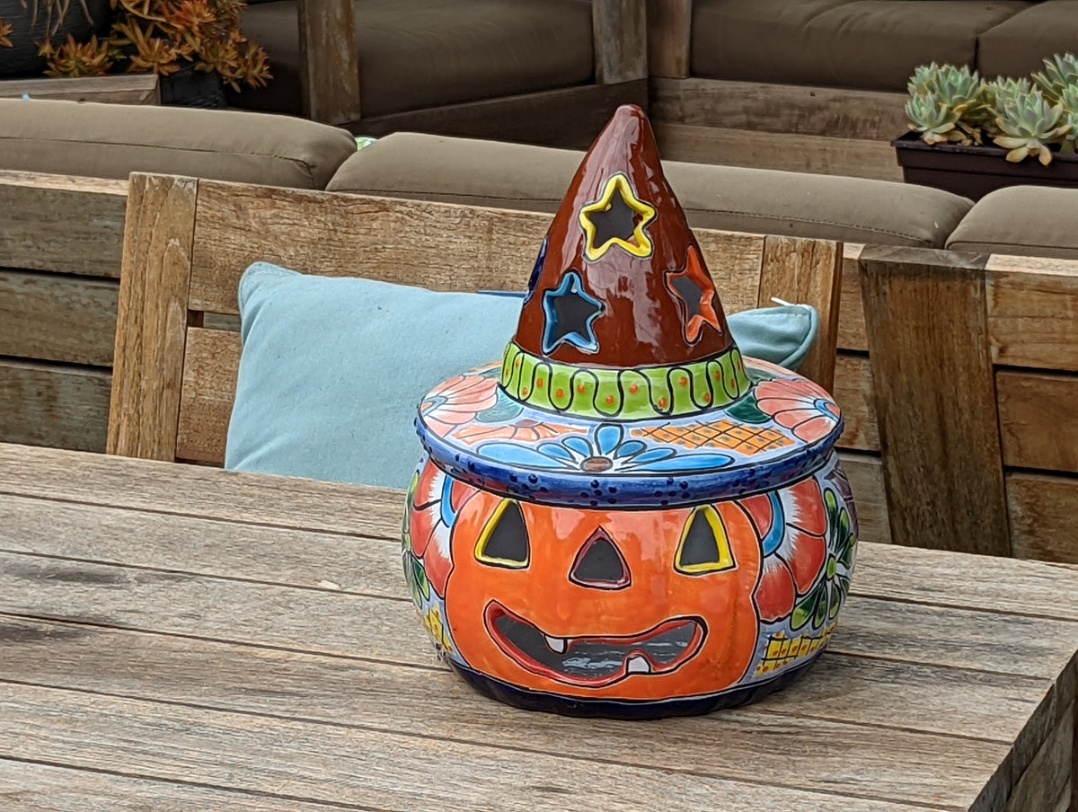 Pumpkin Halloween Decor, Indoor Halloween Party Decor or Outdoor Fall Garden Decor for Trick or Treat, Handmade Mexican Talavera Pottery